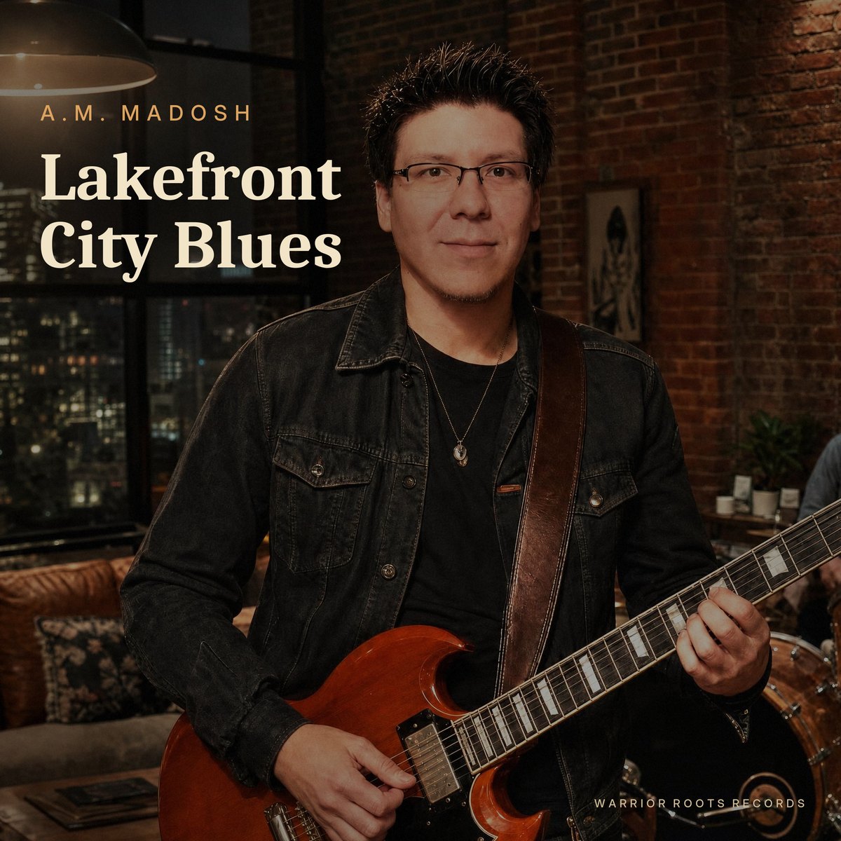Lakefront City Blues album cover: A.M. Madosh with a cherry Gibson SG in a brick loft at night