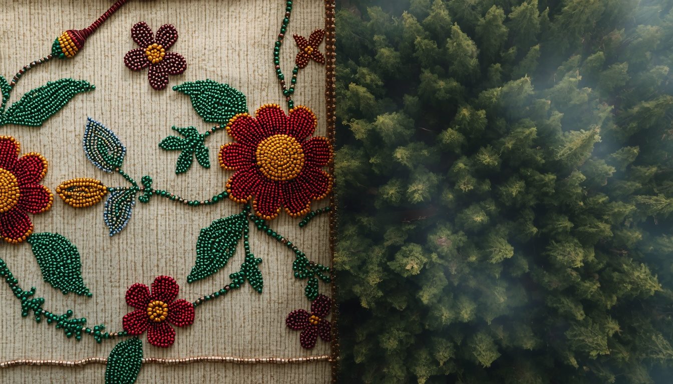 Floral beadwork in red, gold and green beside an aerial view of a misty pine forest