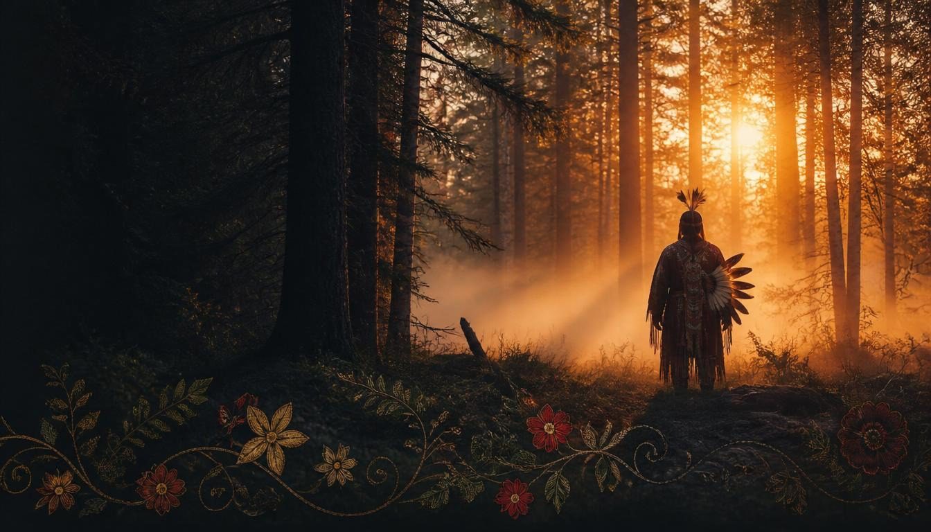 A lone figure in regalia stands in a misty pine forest at sunrise, with a floral border along the bottom