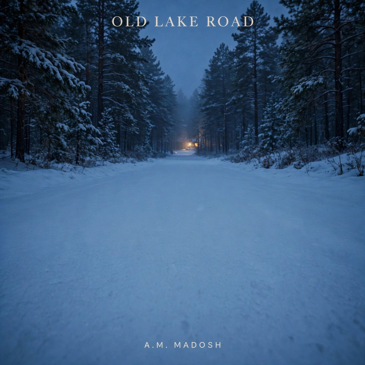 Old Lake Road album cover: a snowy road through tall pines at dusk with one warm light at the end